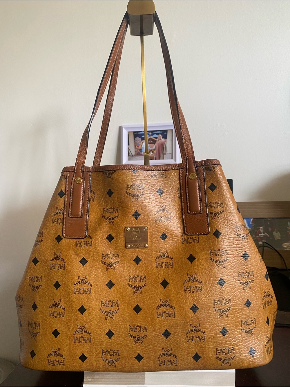 MCM Cognac Visetos Monogram Leather-Trim Tote